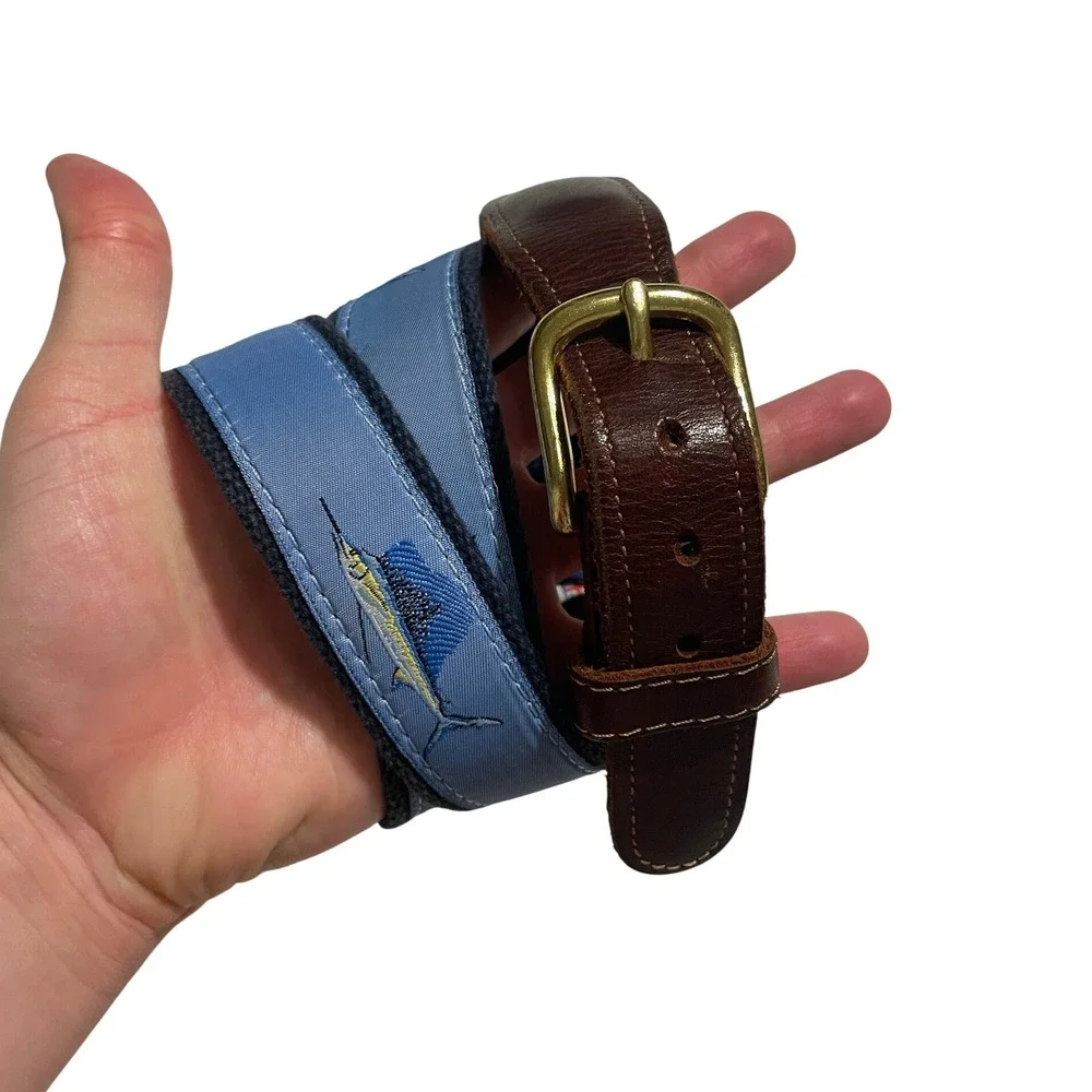 Preston Brown Leather Blue Woven Sailfish Ribbon Belt with Brass Buckle L